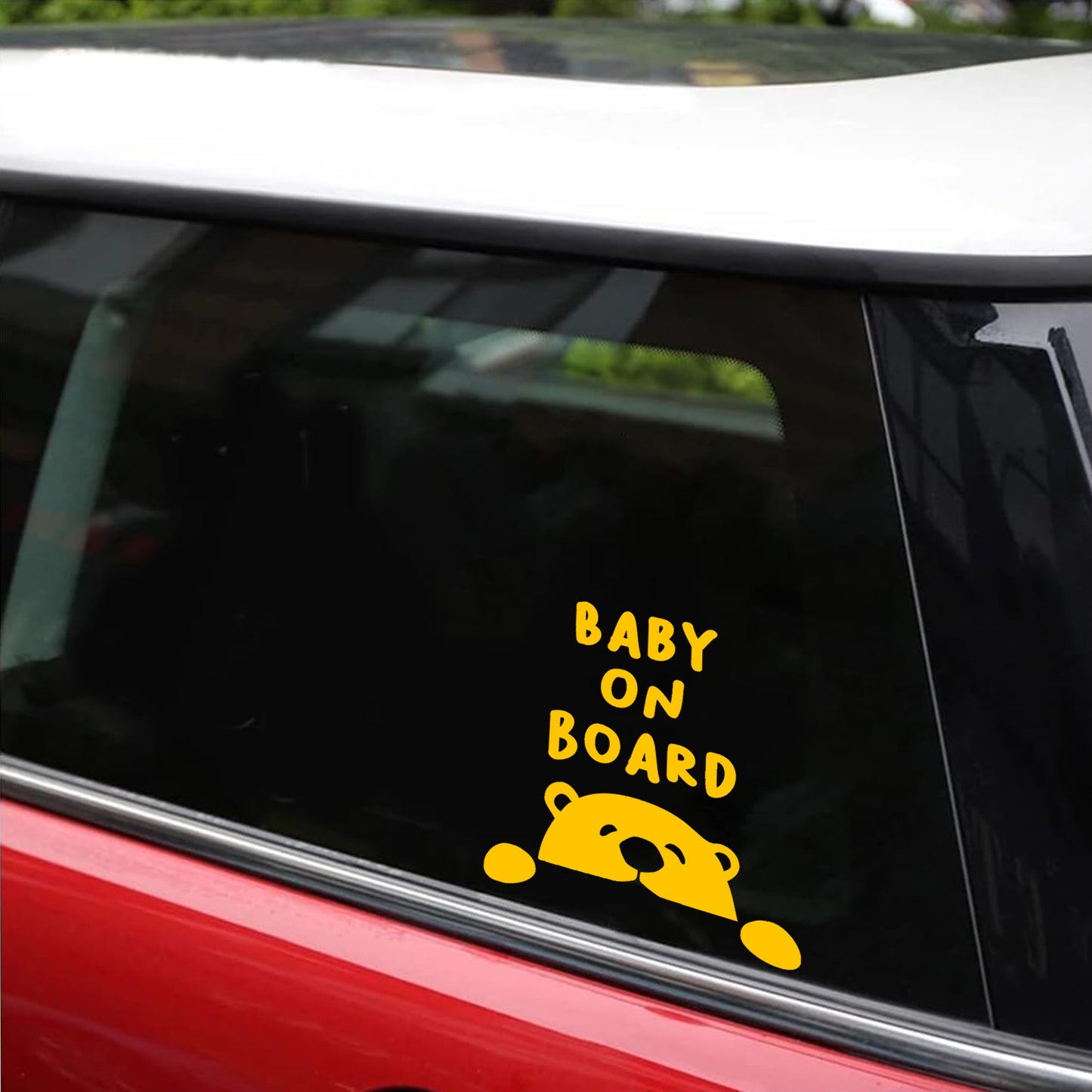 High visibility Baby on Board bear sticker, yellow vinyl for rear windshield.