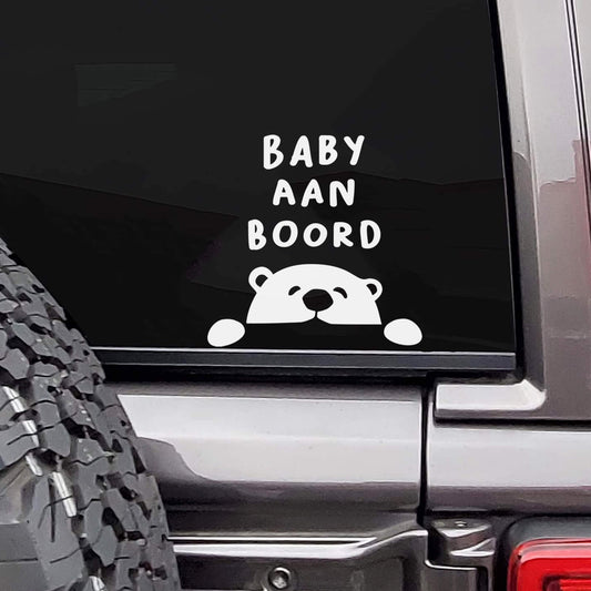 Baby aan boord sticker beertje wit, veiligheidsbord voor autoruit.