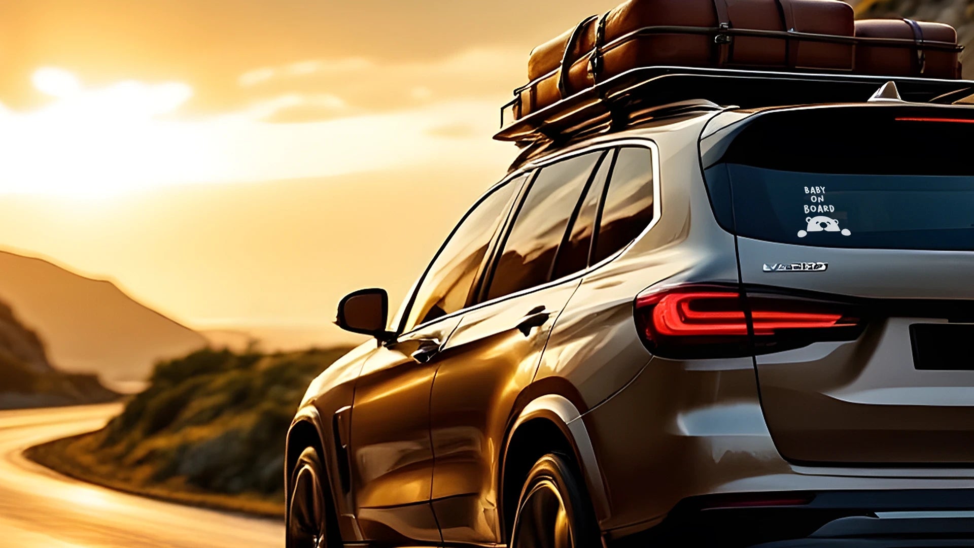 Original hand-drawn baby on board bear decal on a white SUV rear window, sunset road background, XLidees Montreal automotive safety vinyl sticker.