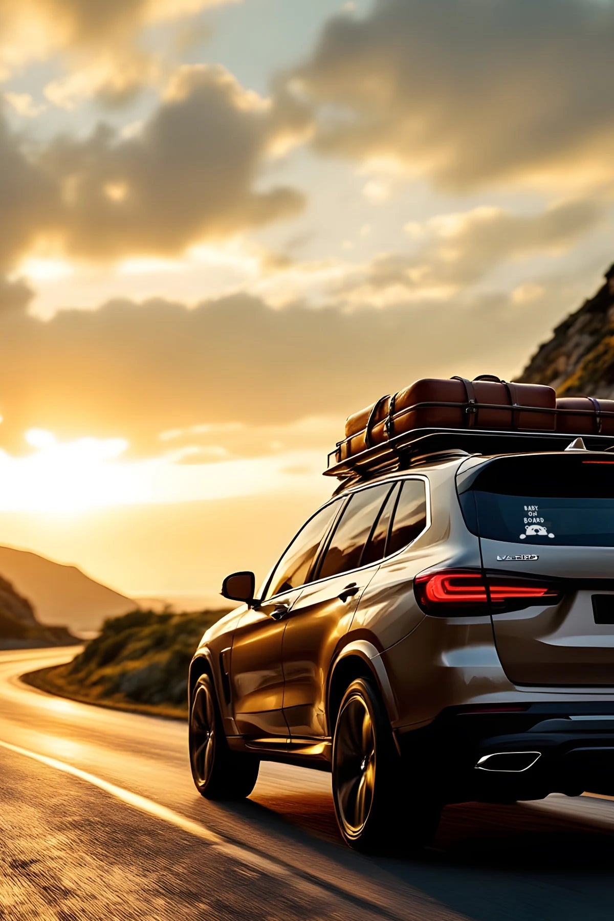 Original hand-drawn baby on board bear decal on a white SUV rear window, sunset road background, XLidees Montreal automotive safety vinyl sticker.